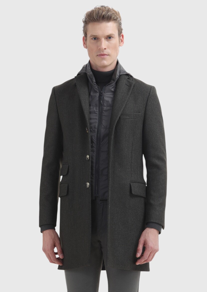 Khaki Regular Fit Butterfly Collar Casual Weaving Overcoat - 2