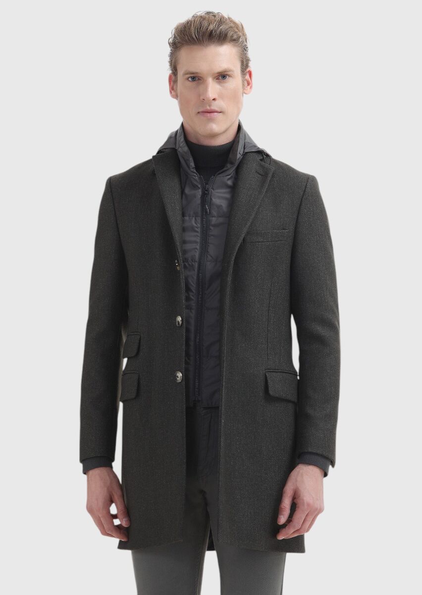 Khaki Regular Fit Butterfly Collar Casual Weaving Overcoat - 2