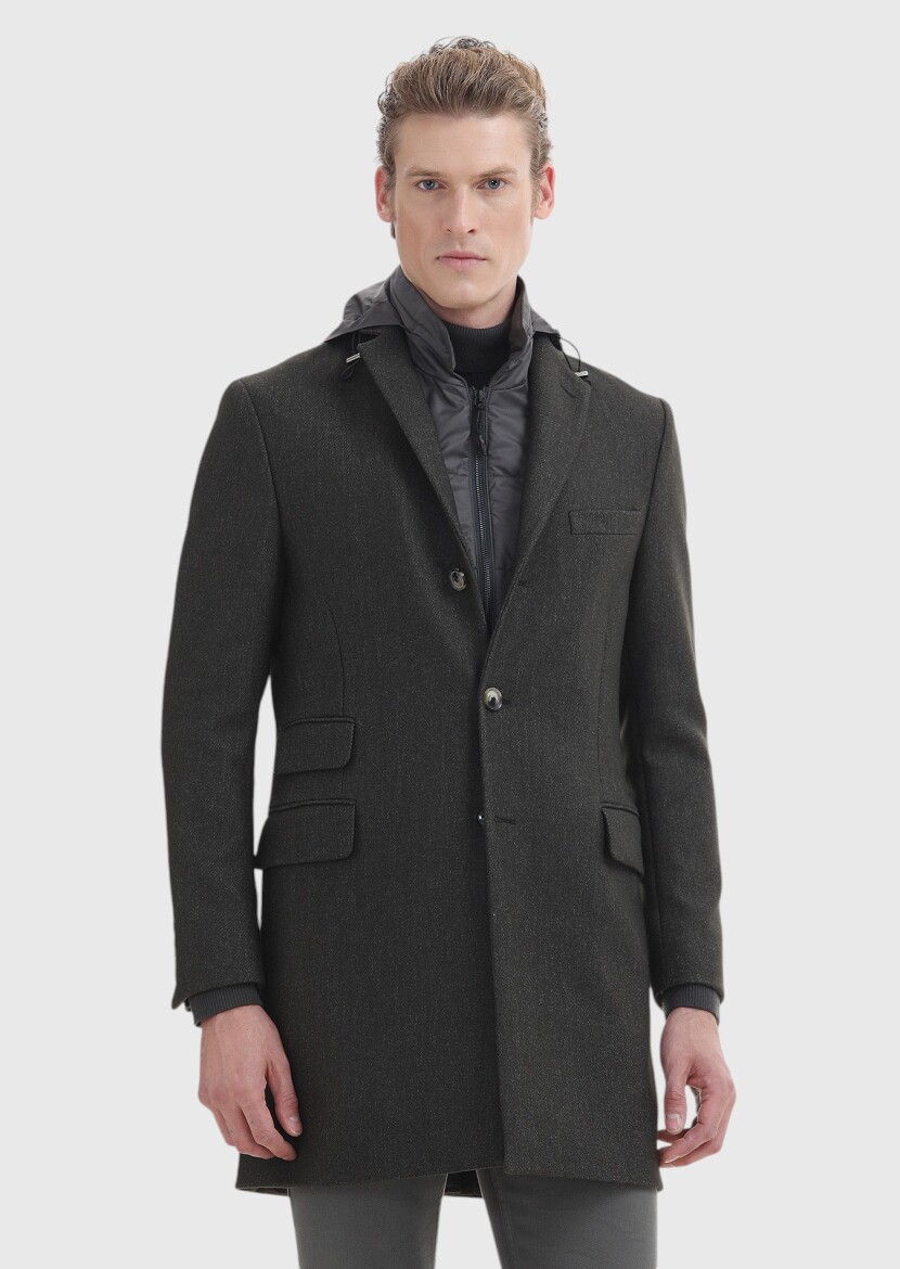 Khaki Regular Fit Butterfly Collar Casual Weaving Overcoat - 3