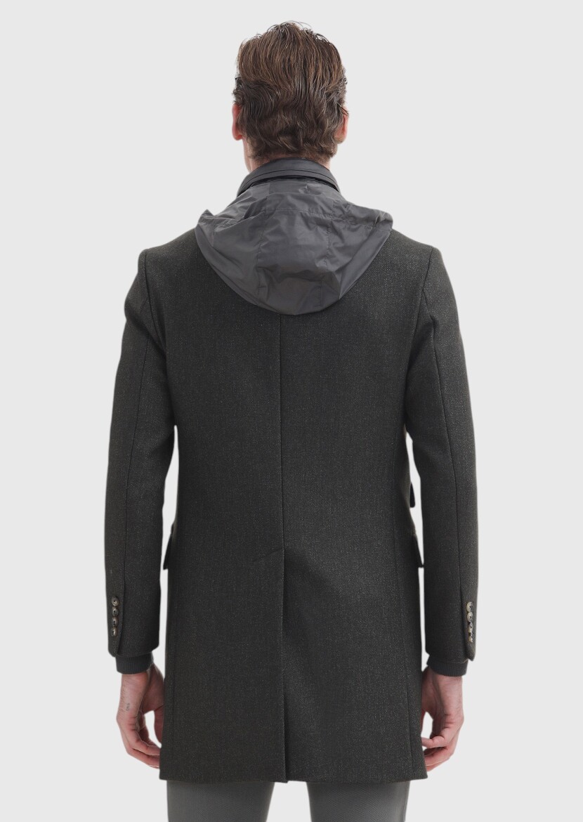 Khaki Regular Fit Butterfly Collar Casual Weaving Overcoat - 7