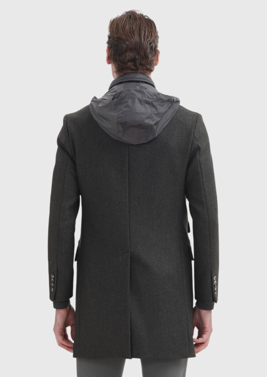 Khaki Regular Fit Butterfly Collar Casual Weaving Overcoat - 7