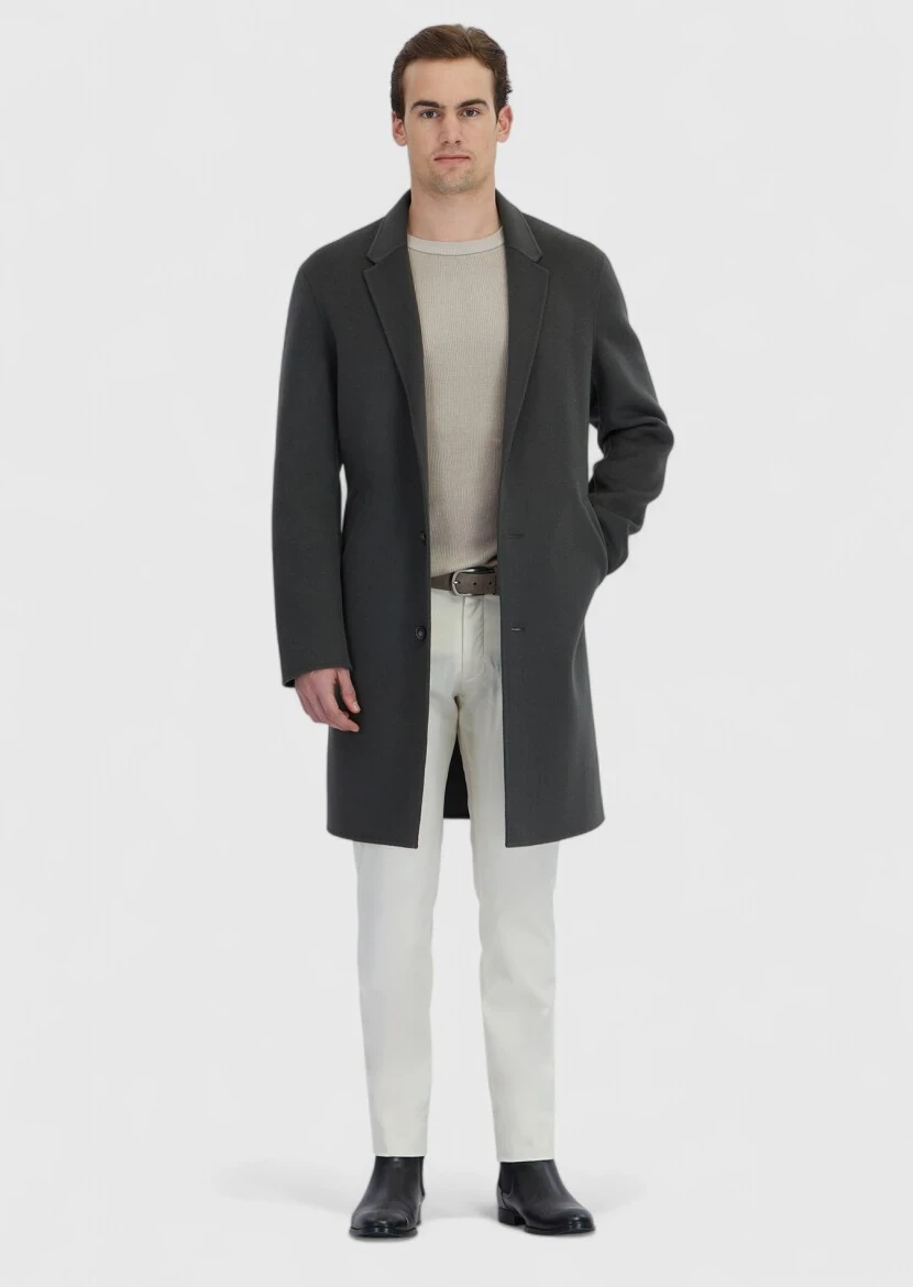 Khaki Regular Fit Butterfly Collar Classical Weaving Overcoat - RAMSEY