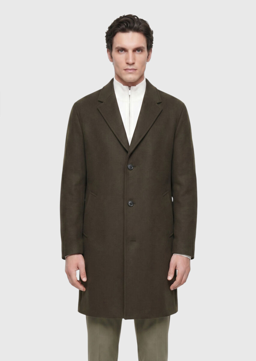 Khaki Regular Fit Butterfly Collar Classical Weaving Overcoat - 3