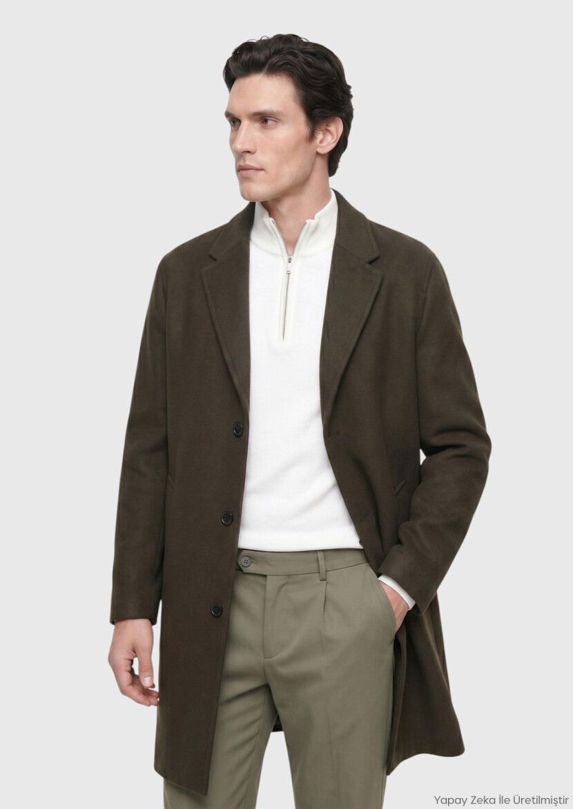 Khaki Regular Fit Butterfly Collar Classical Weaving Overcoat - RAMSEY