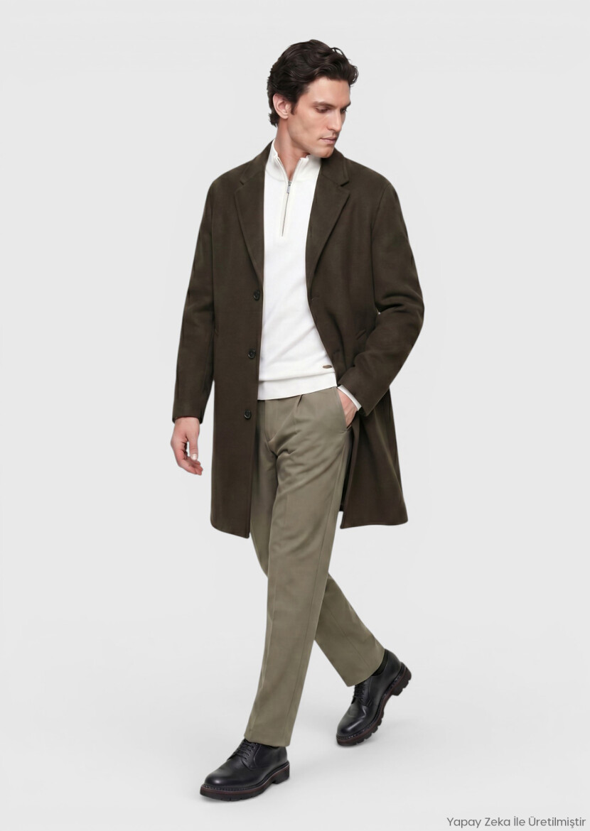 Khaki Regular Fit Butterfly Collar Classical Weaving Overcoat - RAMSEY