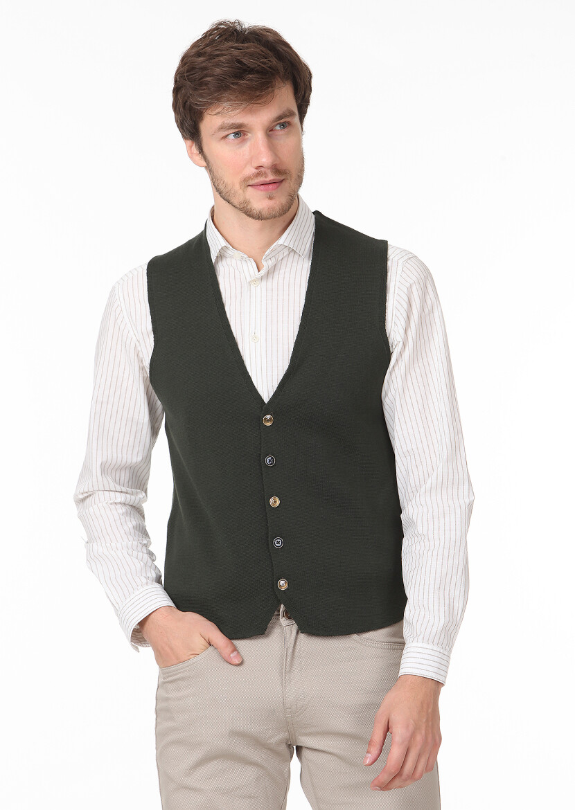 Khaki Regular Fit Casual Knitting Knit Vest - 1