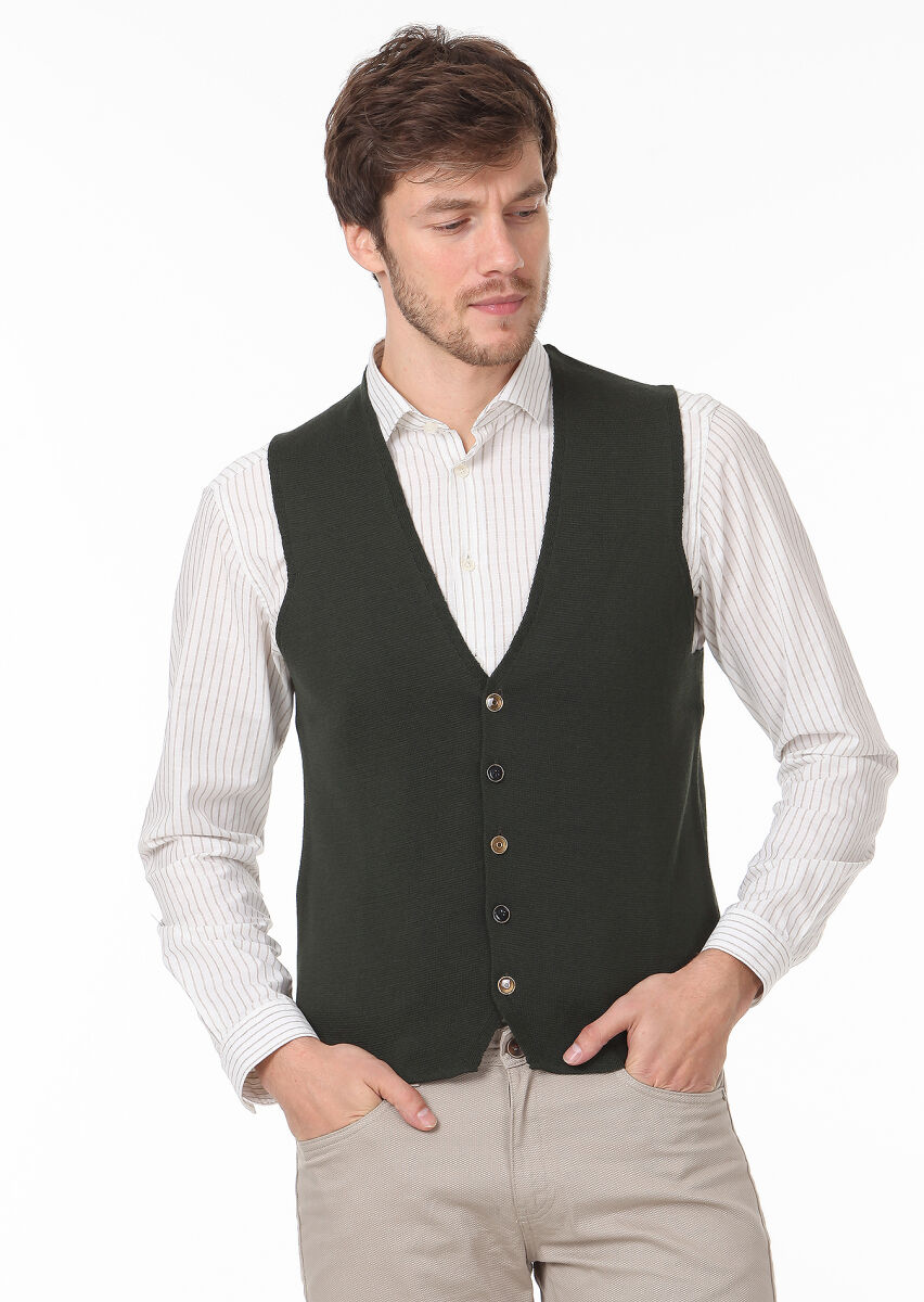 Khaki Regular Fit Casual Knitting Knit Vest - 2