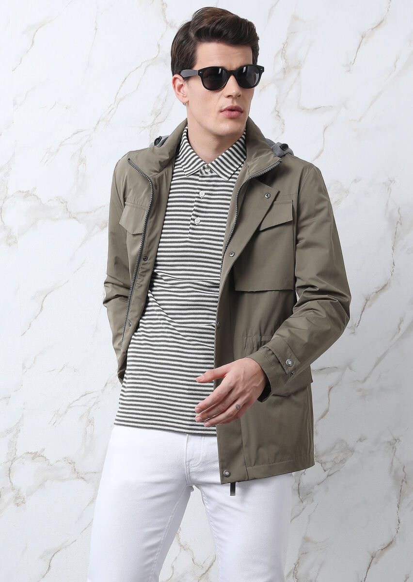 Khaki Regular Fit Cotton Blended Lightweight Jacket - 1