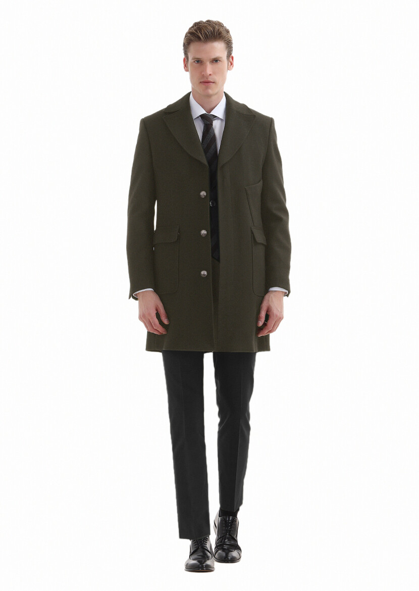 Khaki Regular Fit Double Breasted Collar Casual Weaving Overcoat - 1
