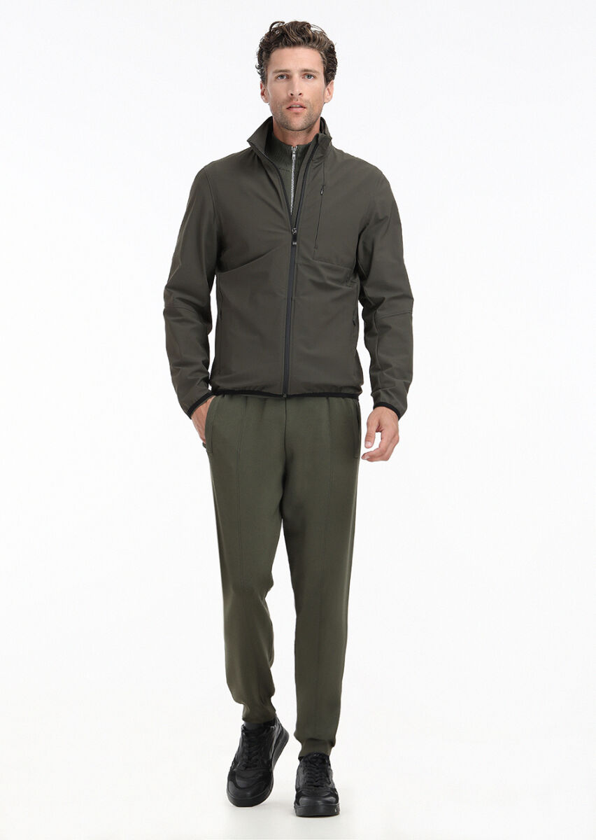 Khaki Regular Fit Hidden Hood Casual Weaving Coat - 1