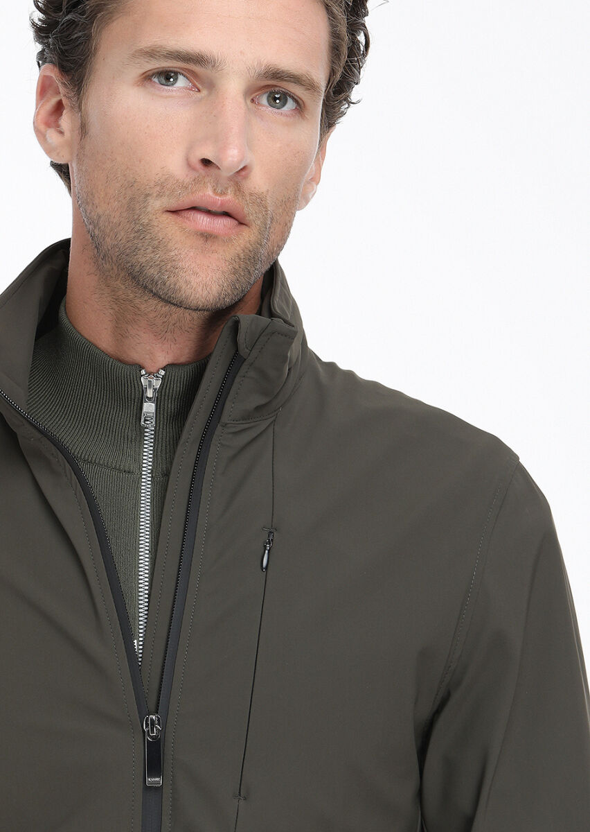 Khaki Regular Fit Hidden Hood Casual Weaving Coat - 2