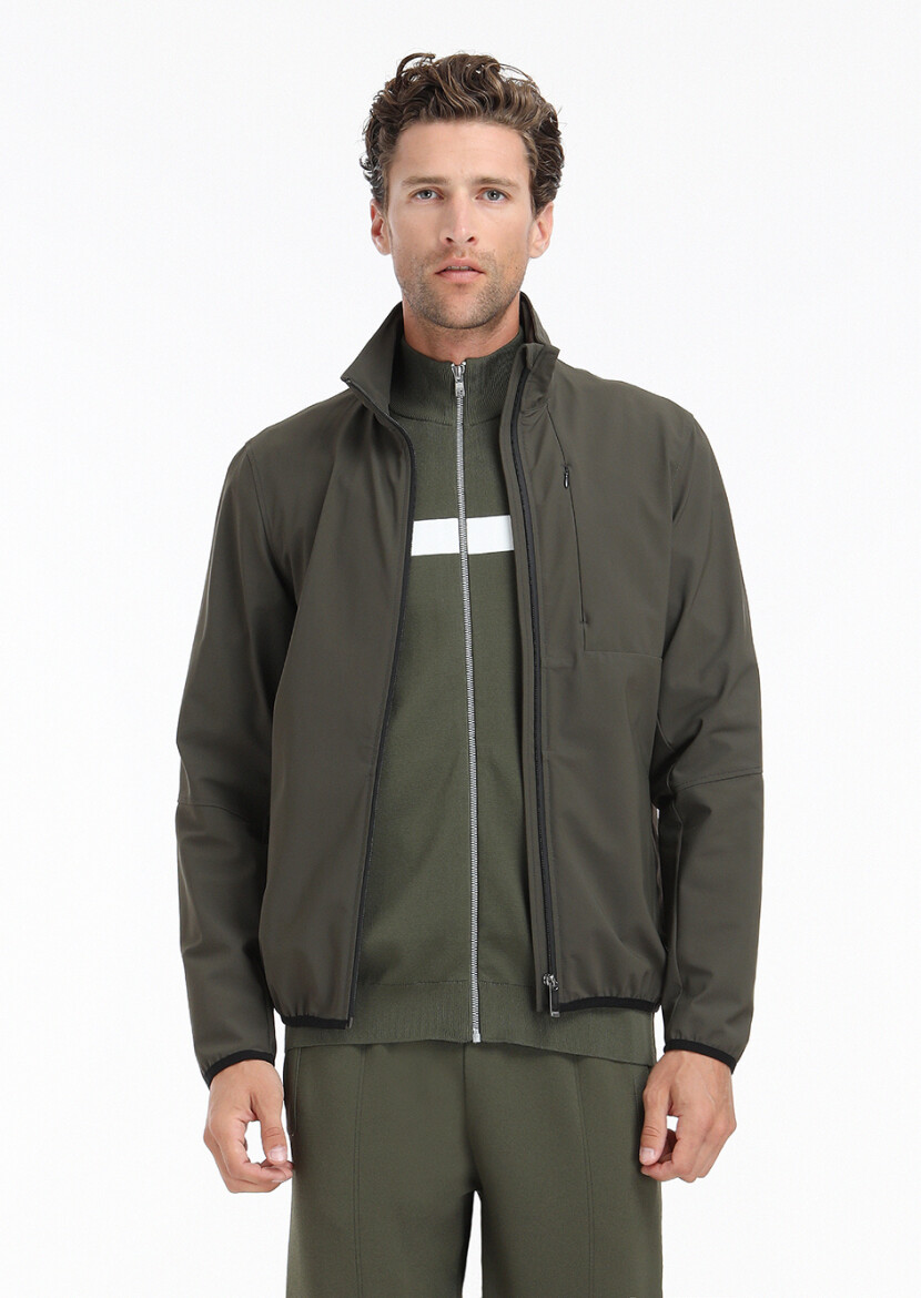 Khaki Regular Fit Hidden Hood Casual Weaving Coat - 4