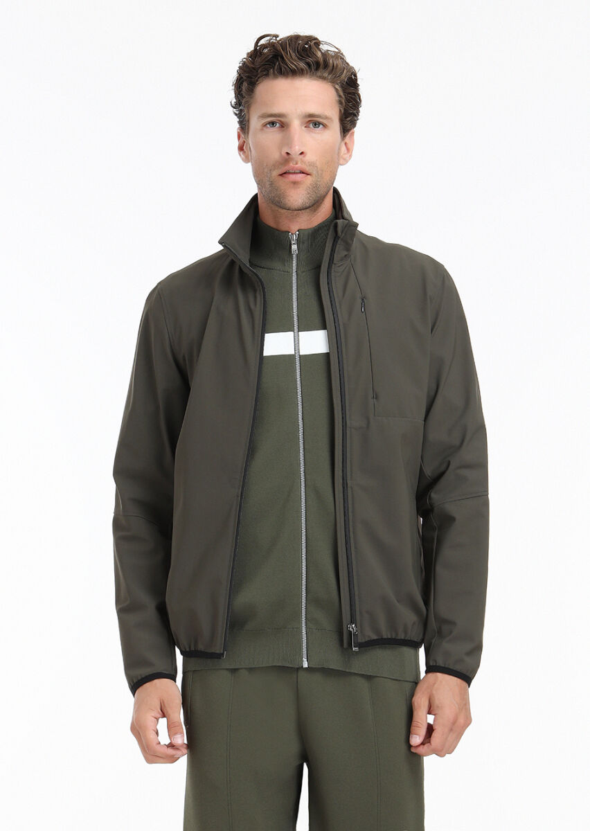 Khaki Regular Fit Hidden Hood Casual Weaving Coat - 4