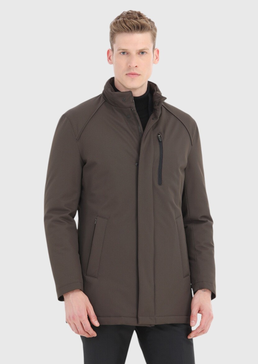 Khaki Regular Fit Hidden Hood Casual Weaving Coat - 2