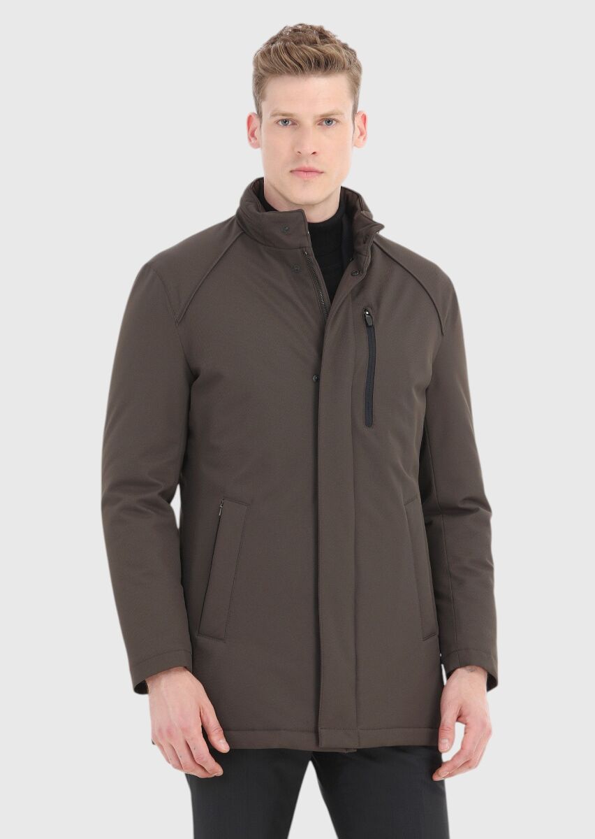 Khaki Regular Fit Hidden Hood Casual Weaving Coat - 2