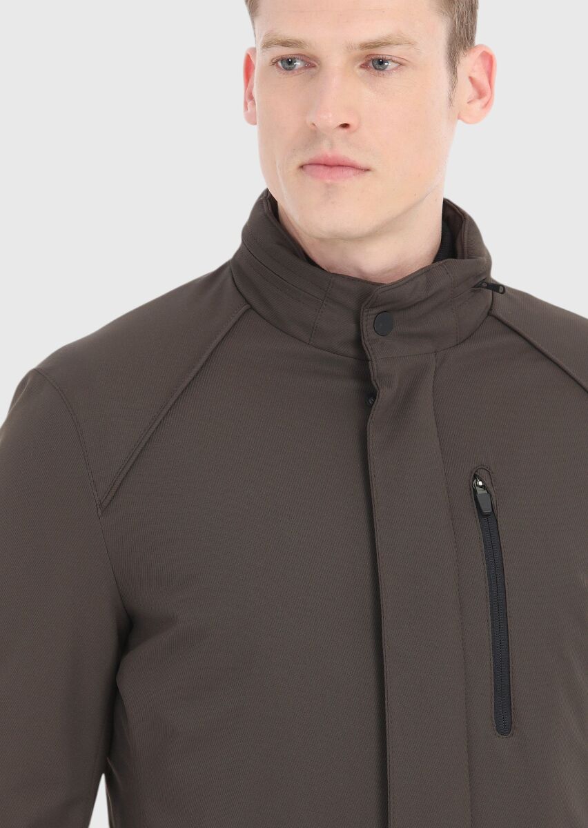 Khaki Regular Fit Hidden Hood Casual Weaving Coat - 3