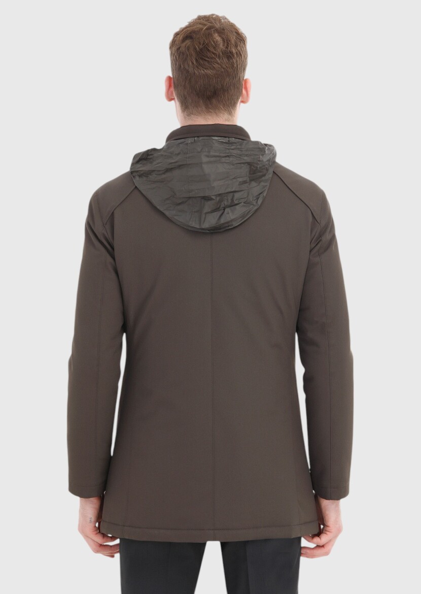 Khaki Regular Fit Hidden Hood Casual Weaving Coat - 4