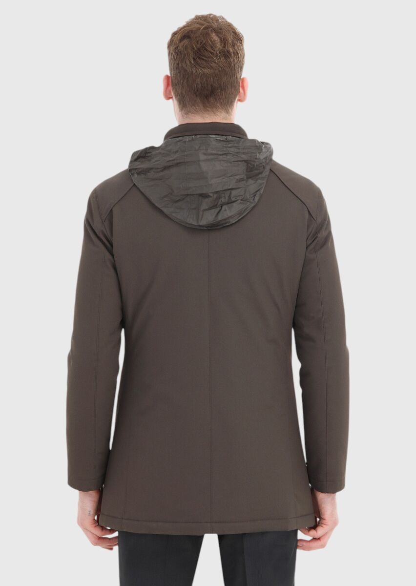 Khaki Regular Fit Hidden Hood Casual Weaving Coat - 4
