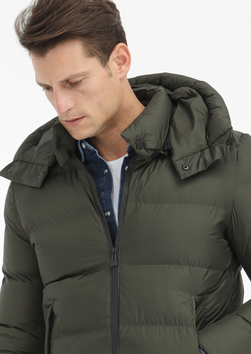 Khaki Regular Fit Hooded Casual Weaving Coat - 4