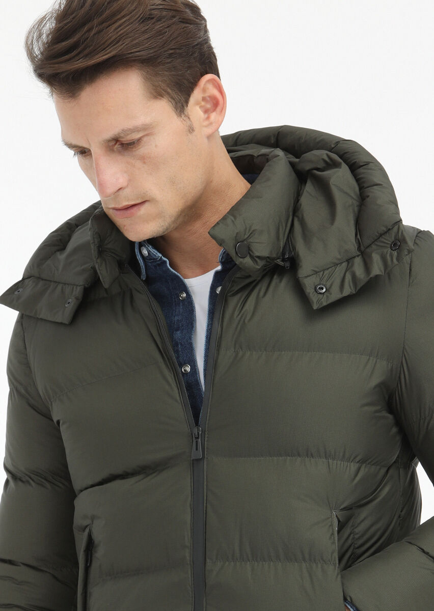 Khaki Regular Fit Hooded Casual Weaving Coat - 4