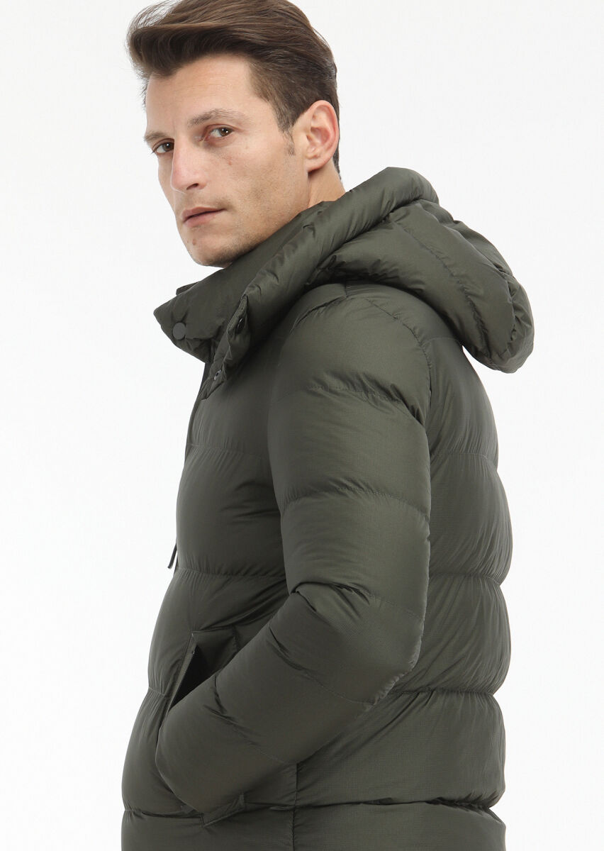 Khaki Regular Fit Hooded Casual Weaving Coat - 5