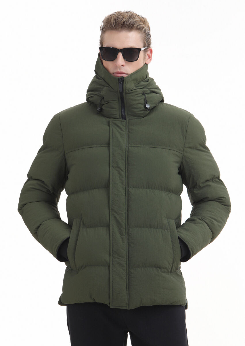 Khaki Regular Fit Hooded Casual Weaving Coat - 1