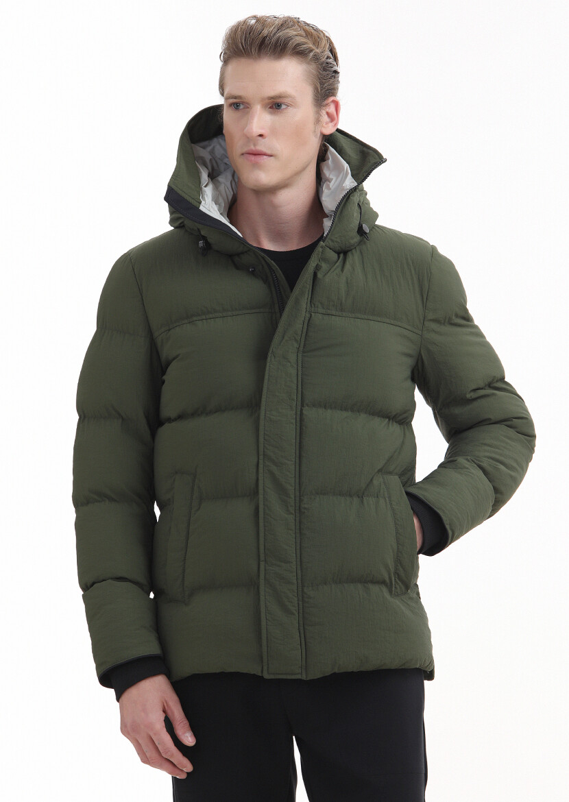 Khaki Regular Fit Hooded Casual Weaving Coat - 3