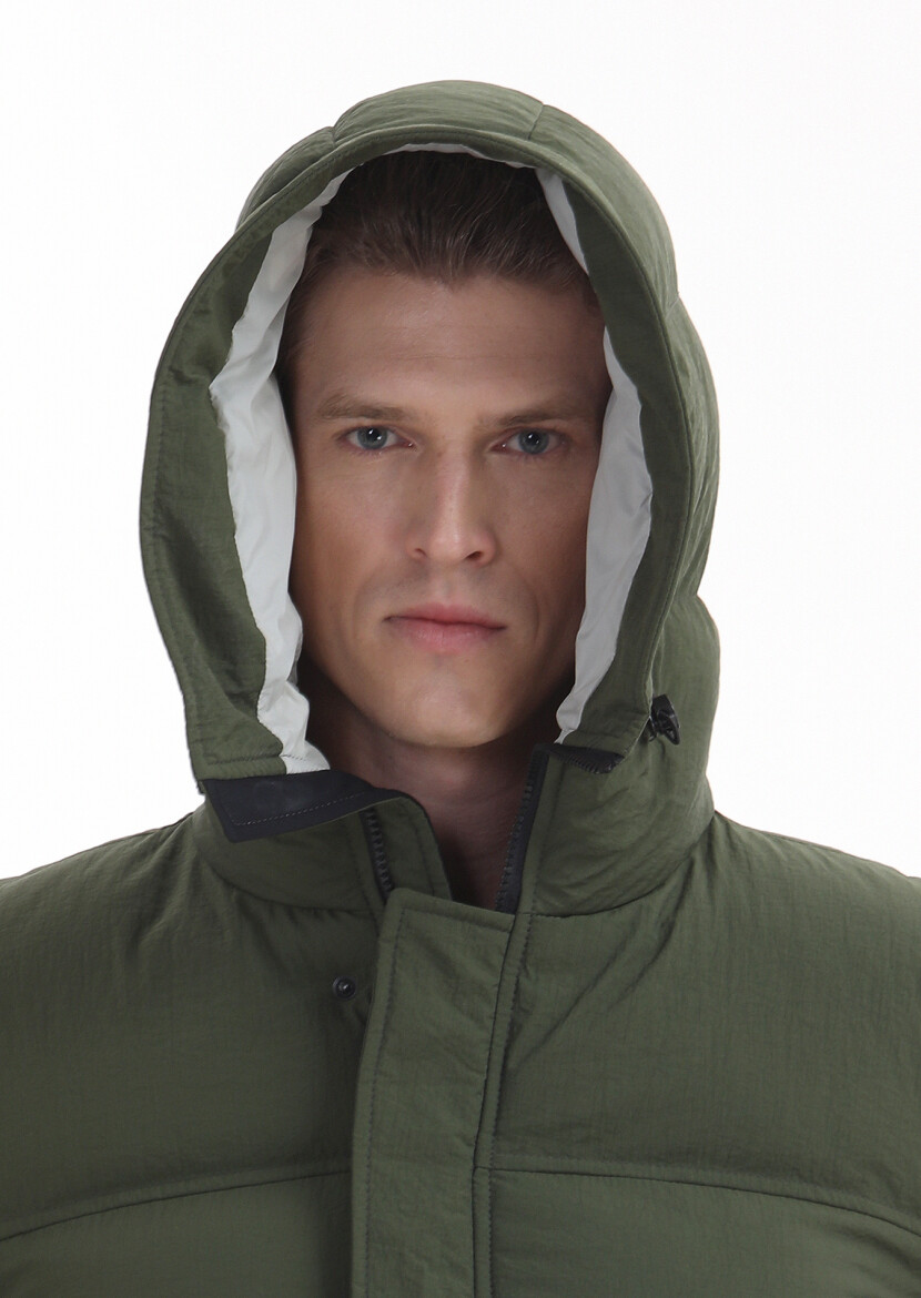 Khaki Regular Fit Hooded Casual Weaving Coat - 5