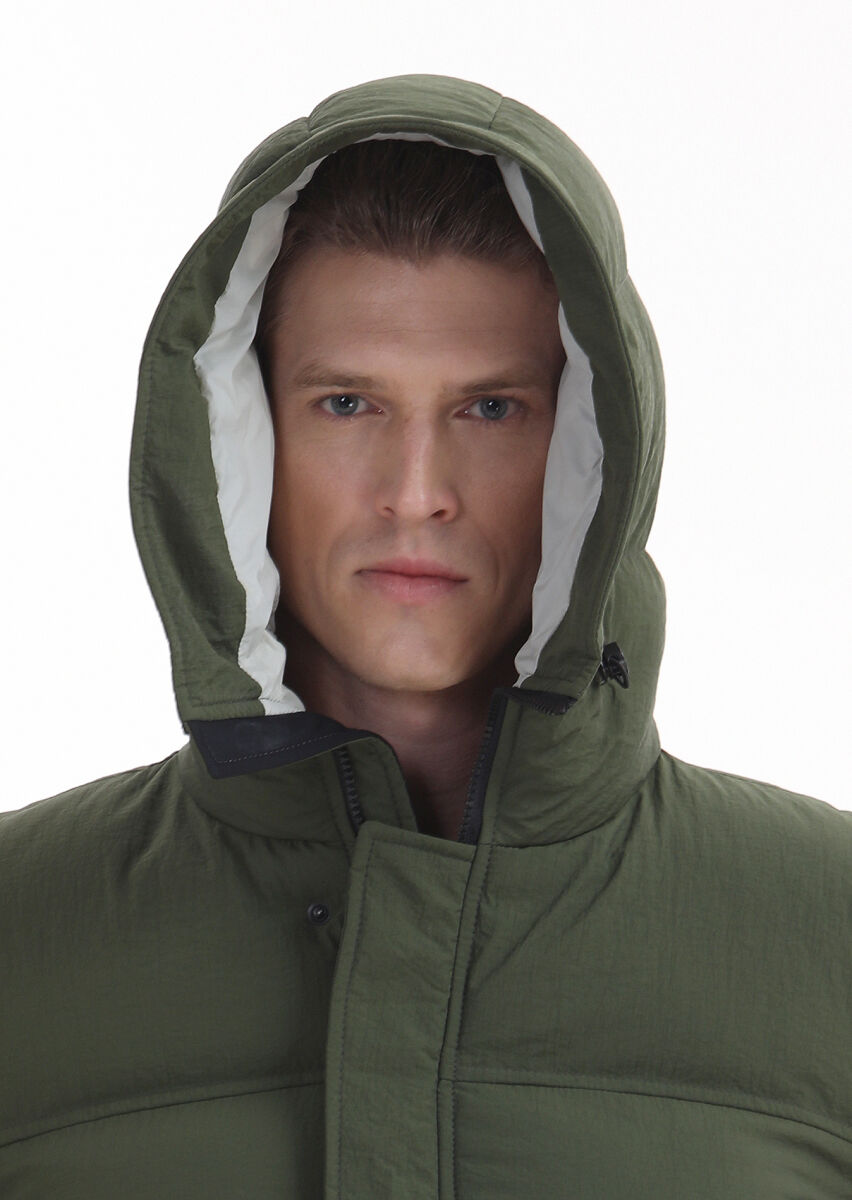 Khaki Regular Fit Hooded Casual Weaving Coat - 5