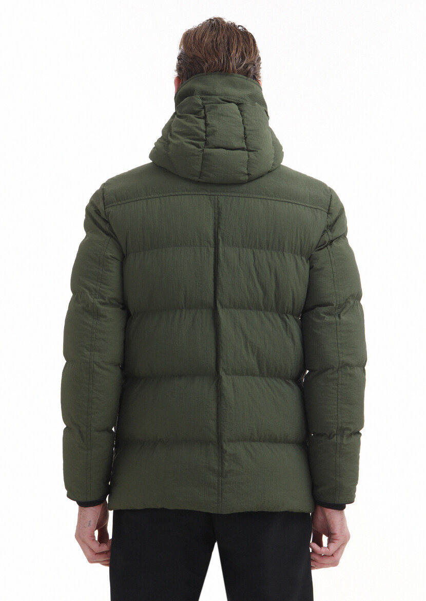 Khaki Regular Fit Hooded Casual Weaving Coat - 8