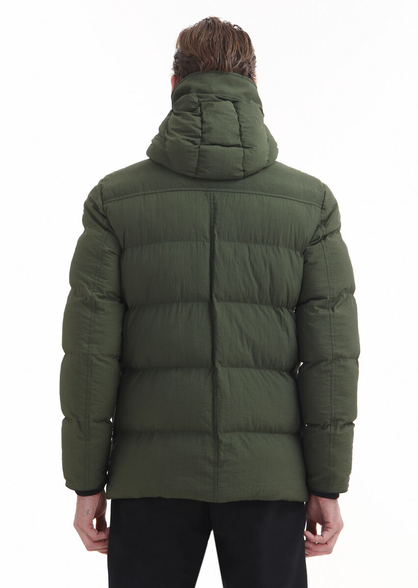 Khaki Regular Fit Hooded Casual Weaving Coat - 8