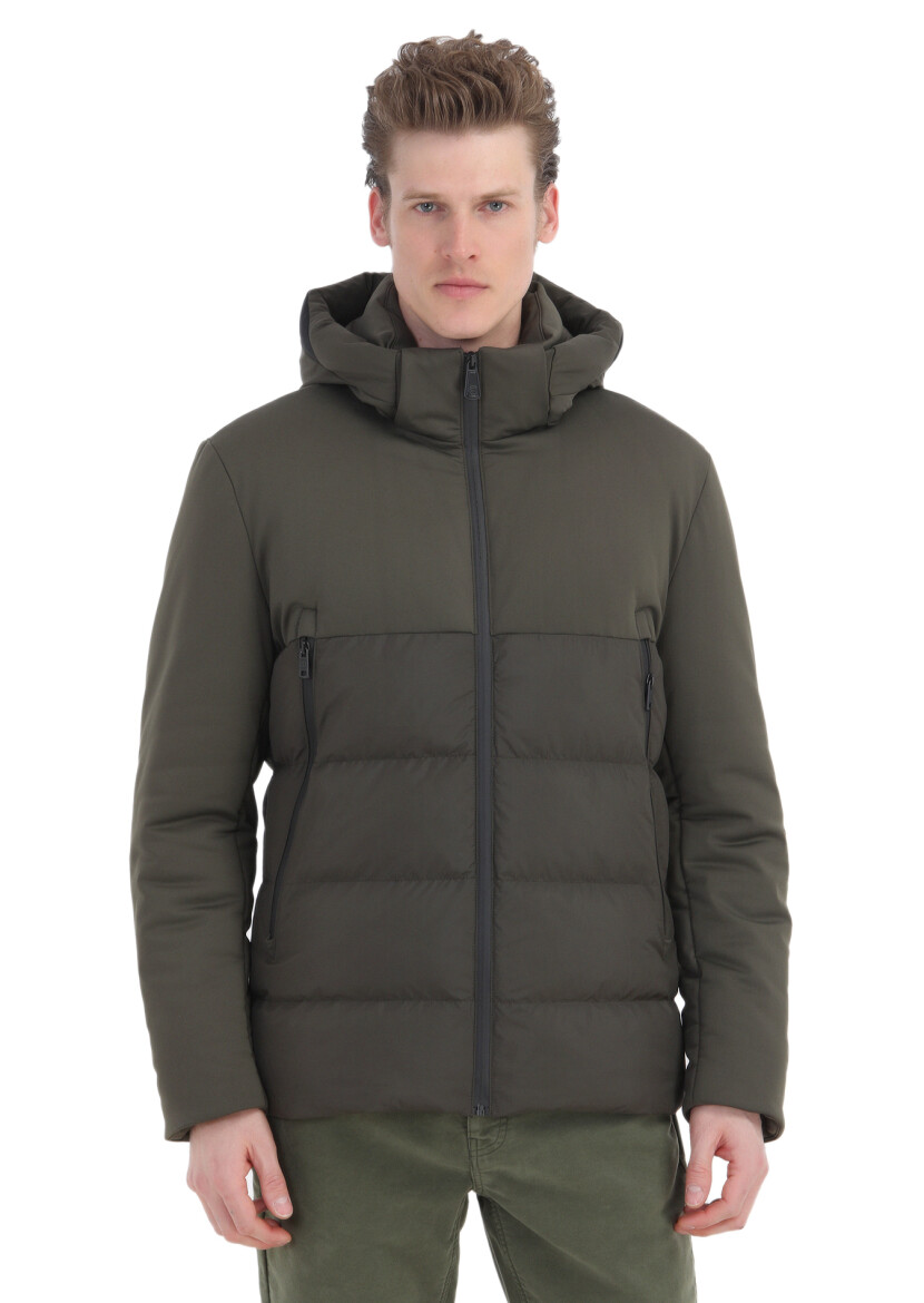 Khaki Regular Fit Hooded Casual Weaving Coat - 1