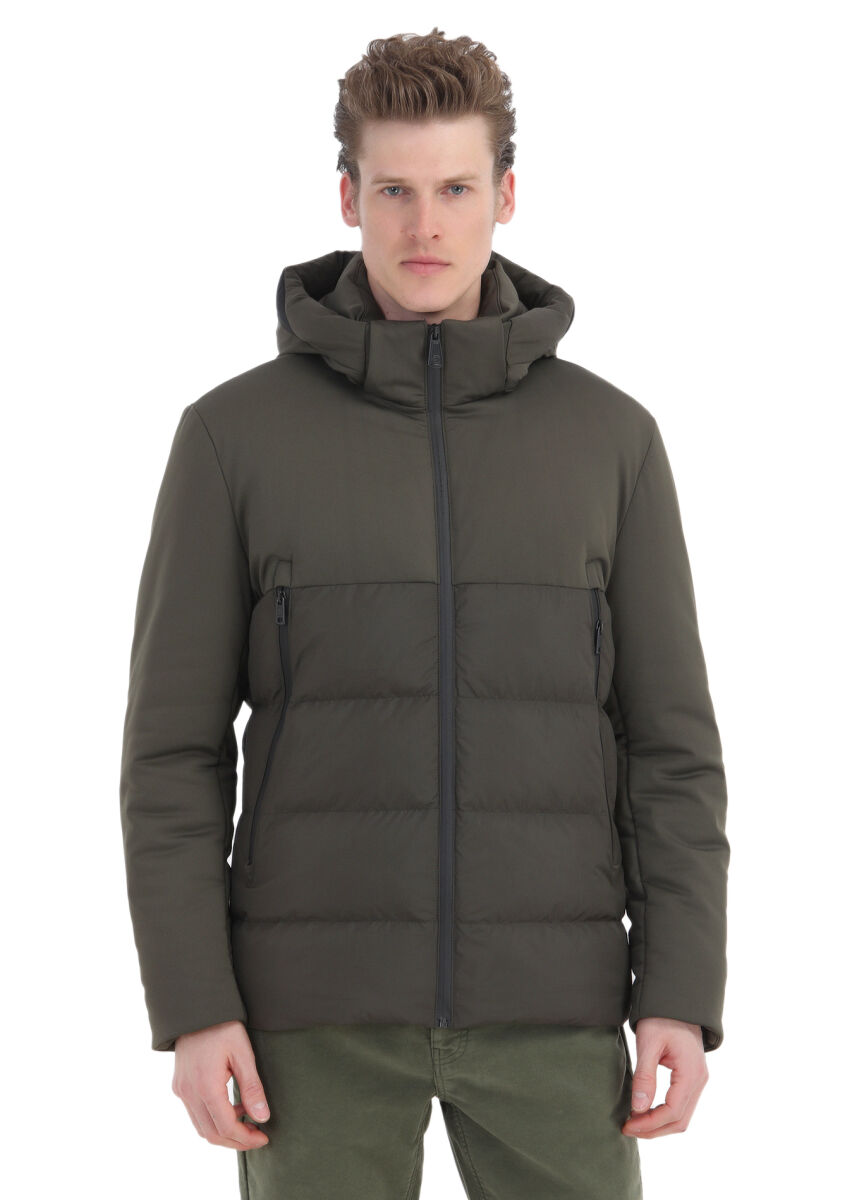 Khaki Regular Fit Hooded Casual Weaving Coat - 1