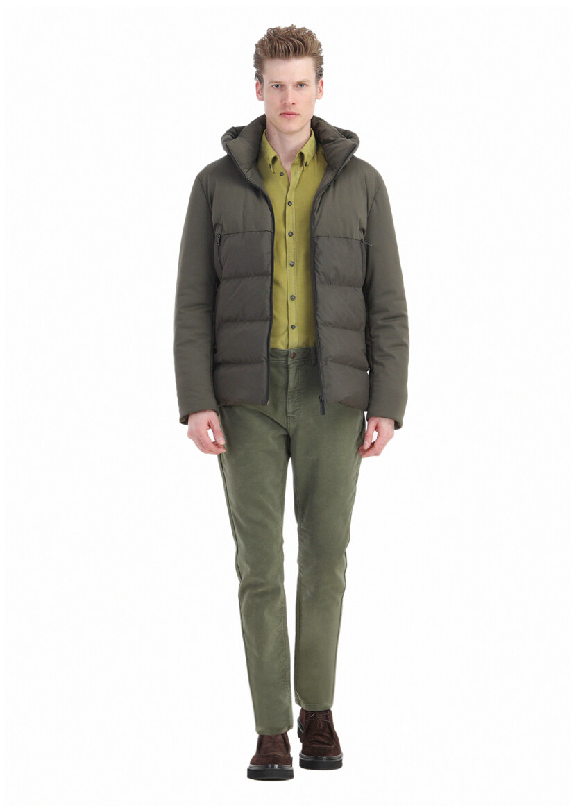 Khaki Regular Fit Hooded Casual Weaving Coat - 2