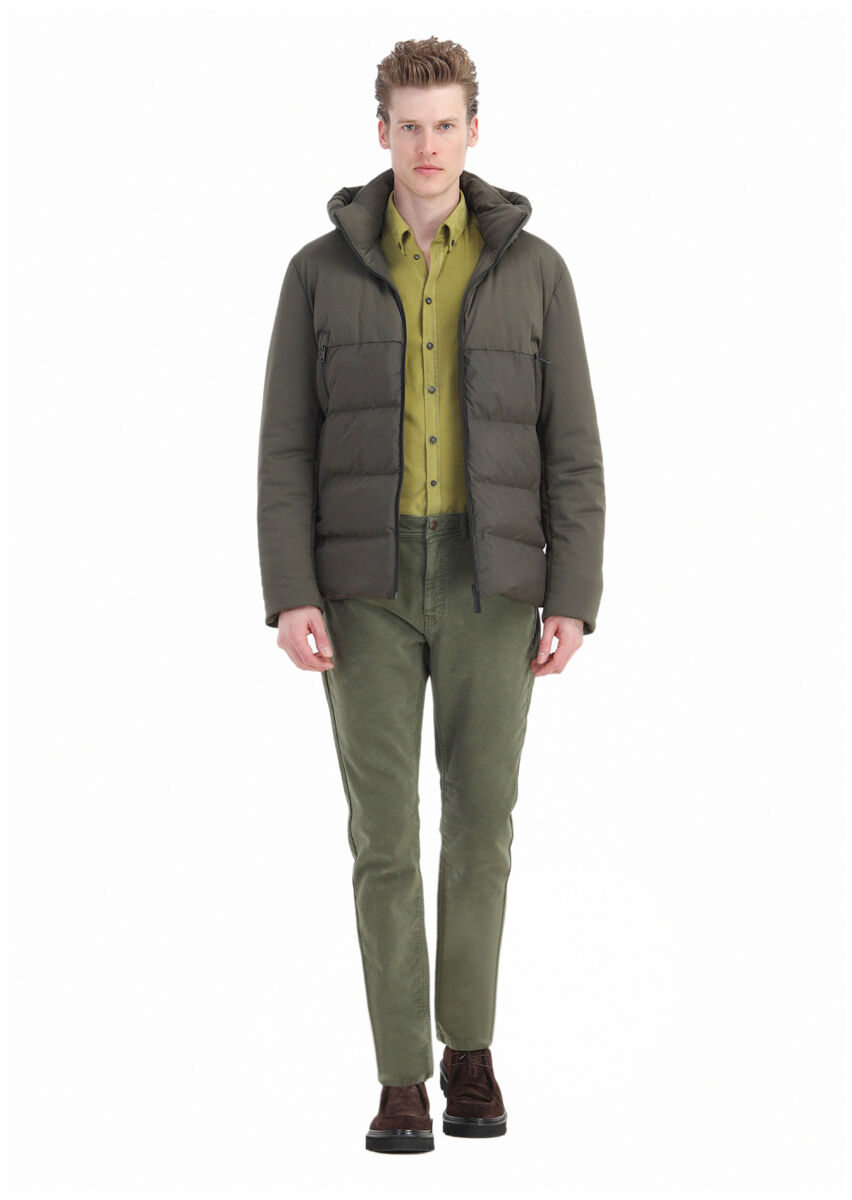 Khaki Regular Fit Hooded Casual Weaving Coat - 2