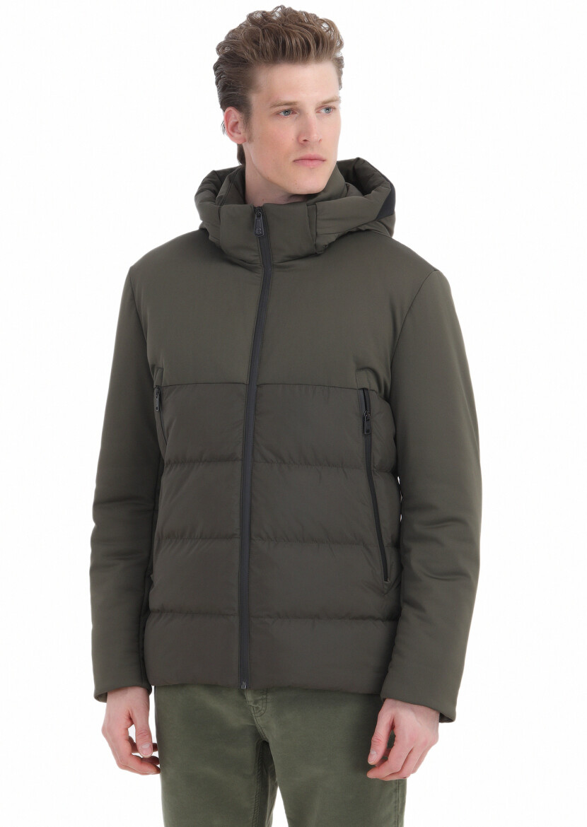 Khaki Regular Fit Hooded Casual Weaving Coat - 4