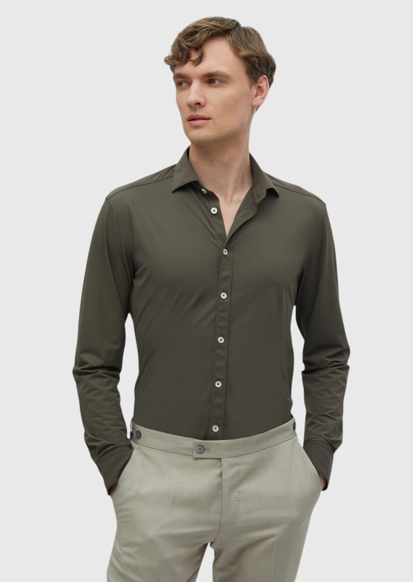 Khaki Regular Fit Knitting Classical Shirt - RAMSEY