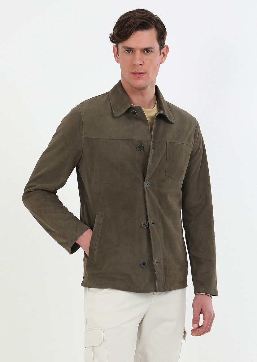 Khaki Regular Fit Leather Jacket - 2