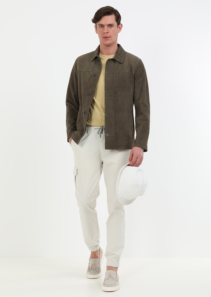 Khaki Regular Fit Leather Jacket - 3