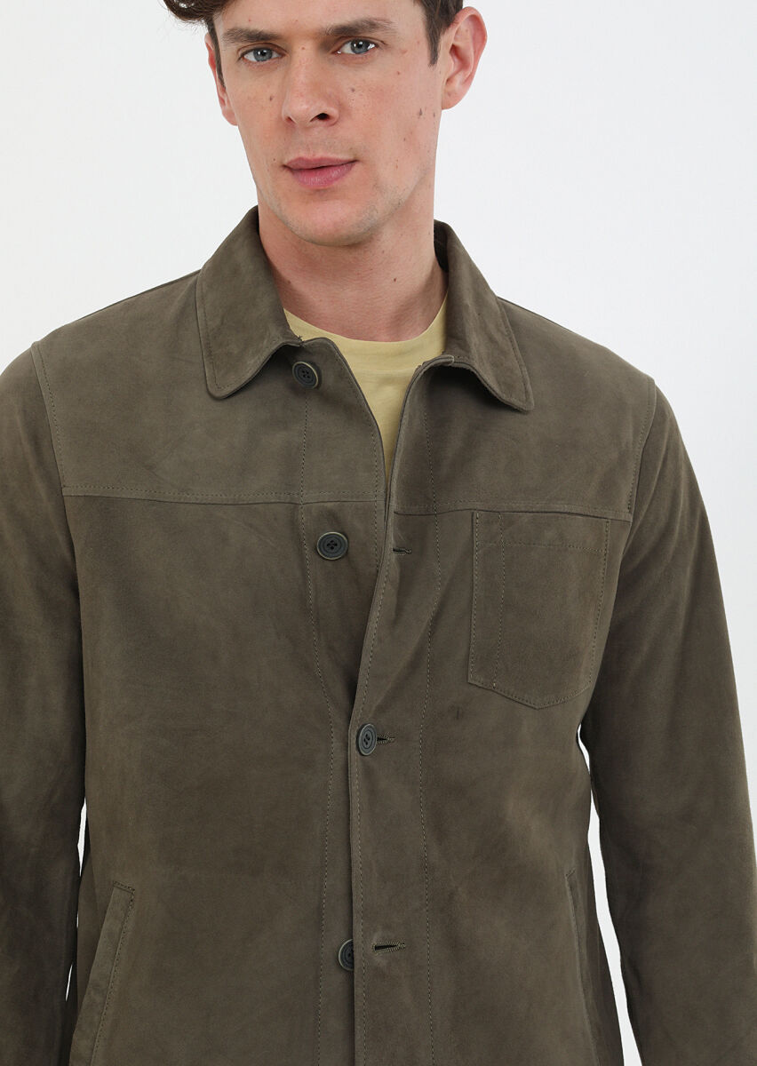 Khaki Regular Fit Leather Jacket - 4