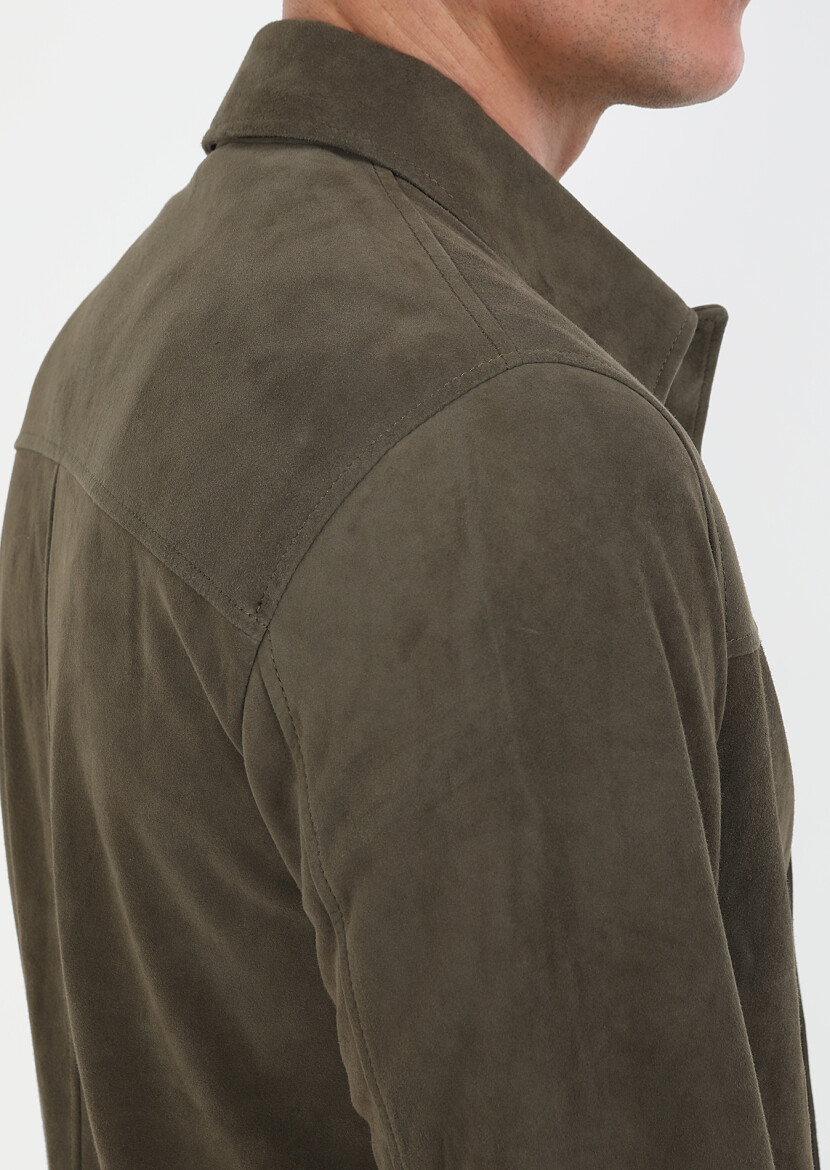 Khaki Regular Fit Leather Jacket - 5