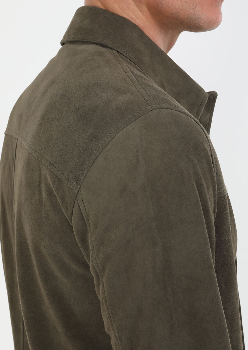 Khaki Regular Fit Leather Jacket - 5