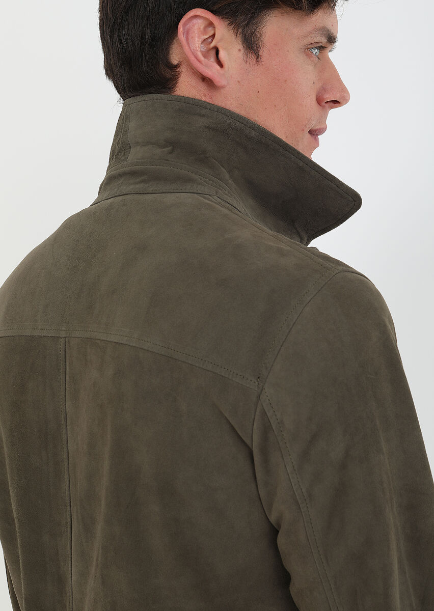 Khaki Regular Fit Leather Jacket - 6