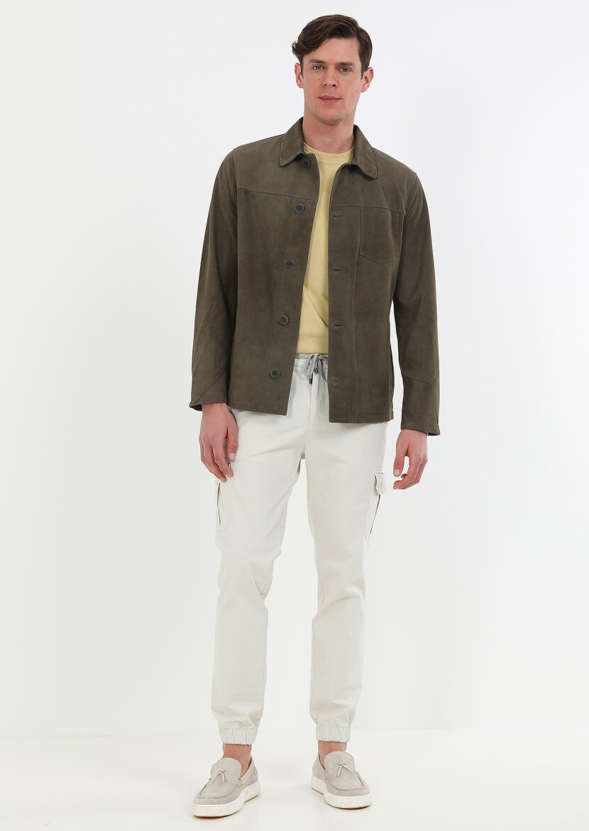 Khaki Regular Fit Leather Jacket - 8