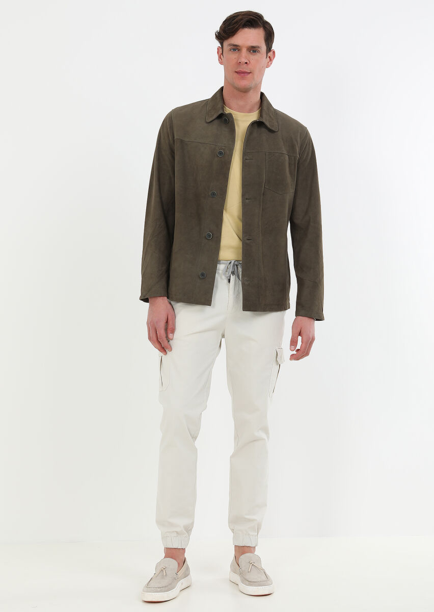 Khaki Regular Fit Leather Jacket - 8