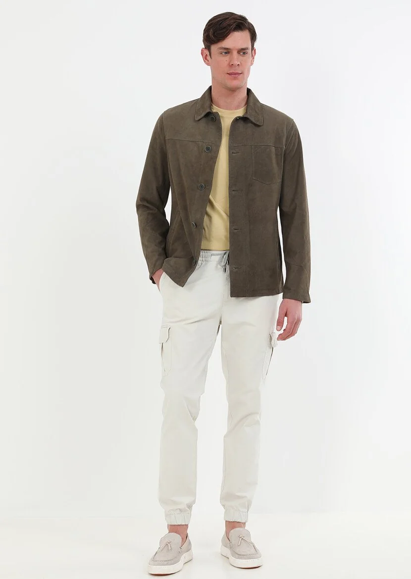 Khaki Regular Fit Leather Jacket - 1