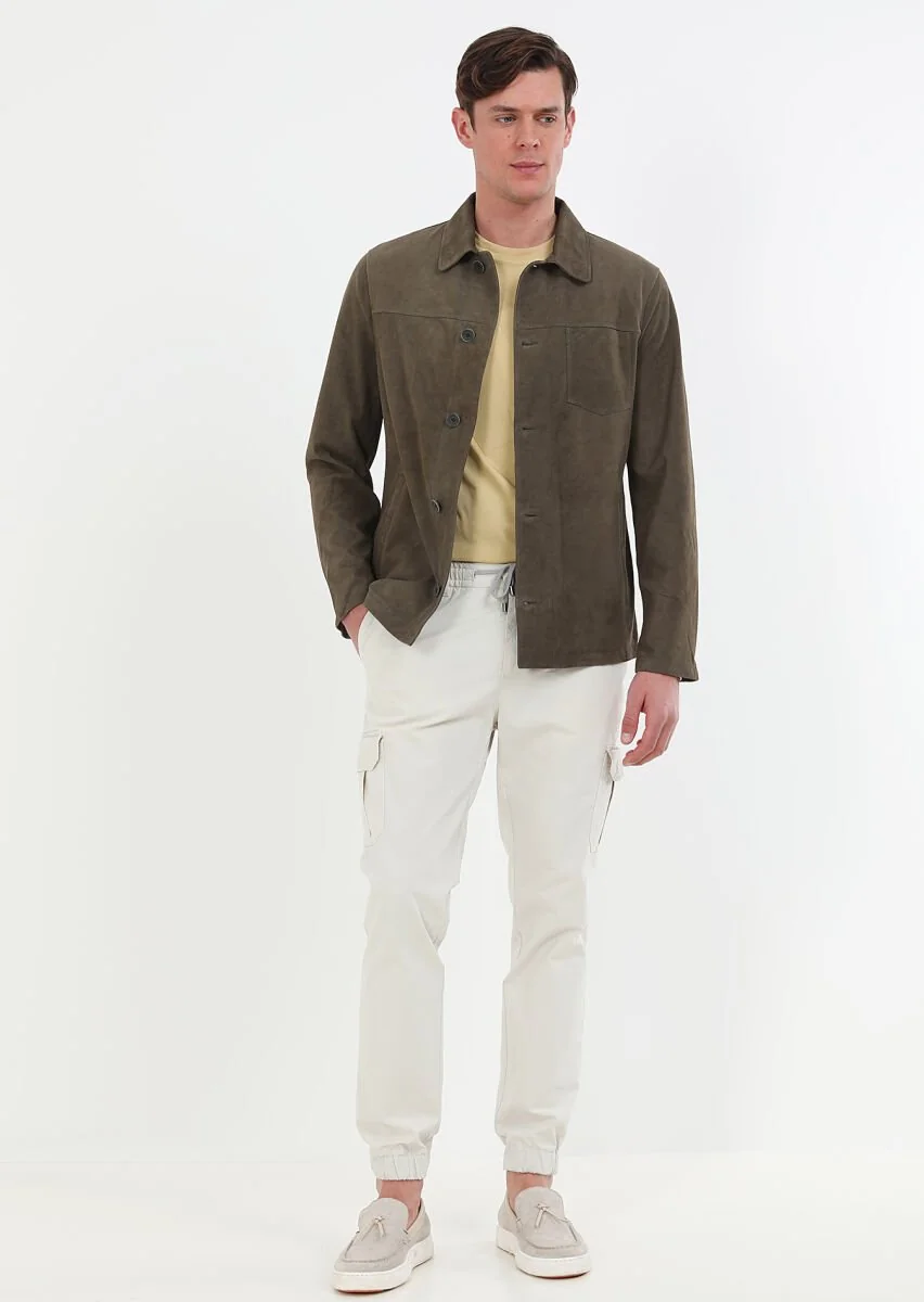Khaki Regular Fit Leather Jacket - 1