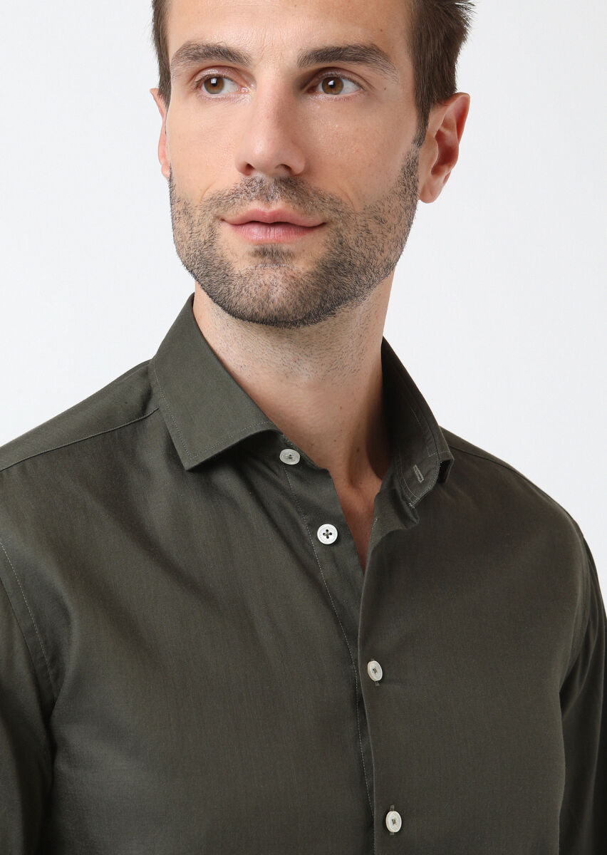 Khaki Regular Fit Long Weaving Casual Cotton Blended Shirt - 1