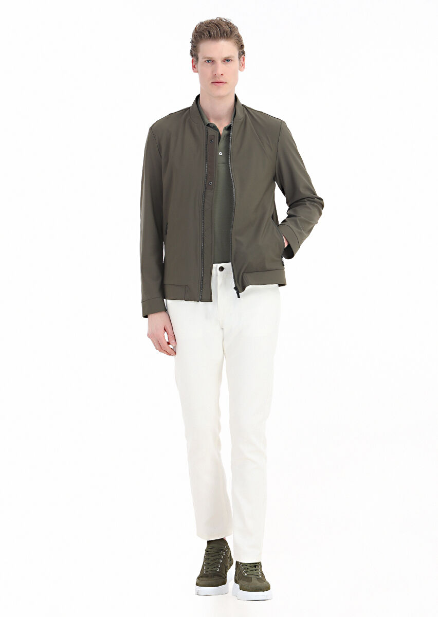 Khaki Regular Fit Mandarin Collar Casual Weaving Coat - 1