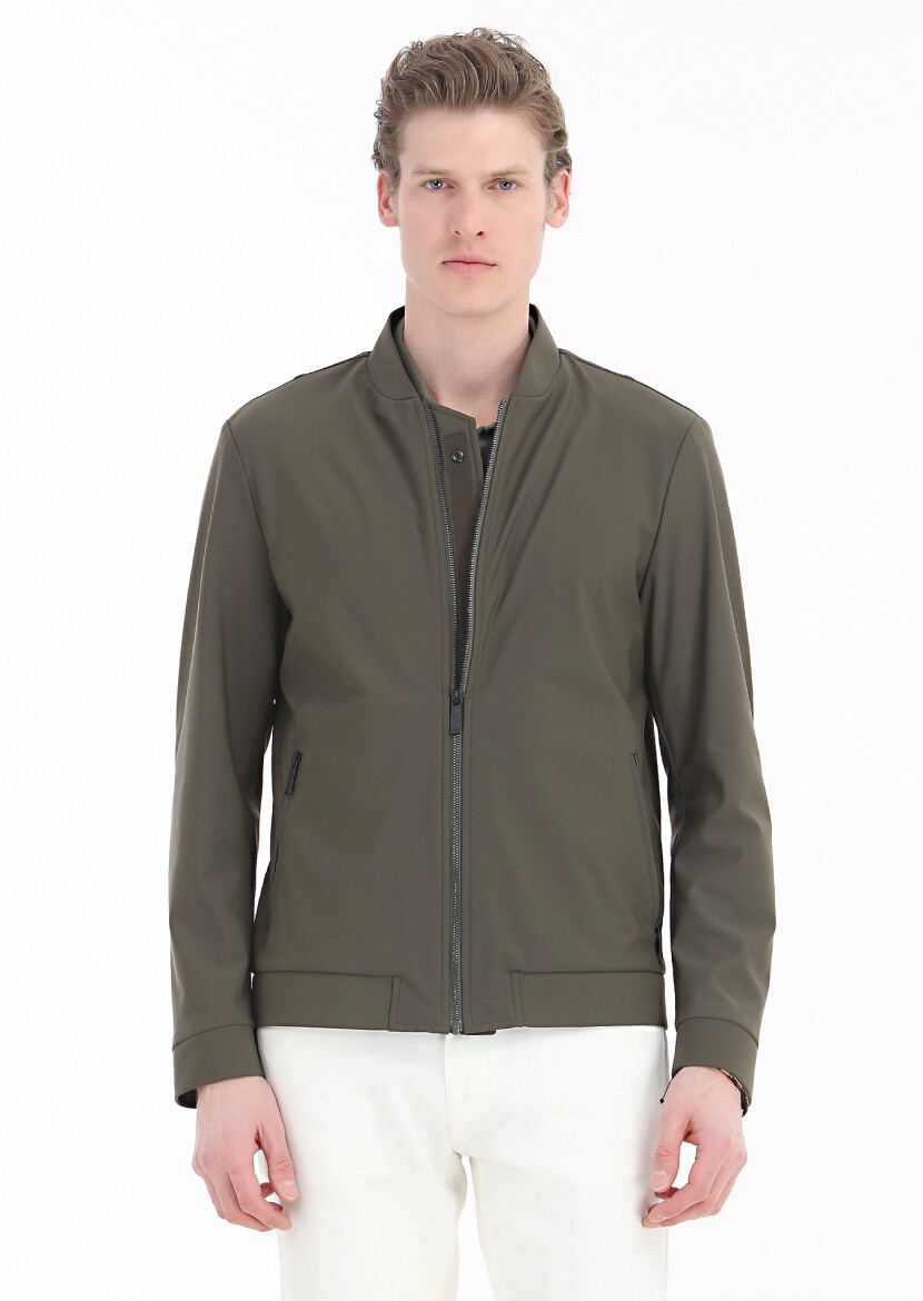 Khaki Regular Fit Mandarin Collar Casual Weaving Coat - 2